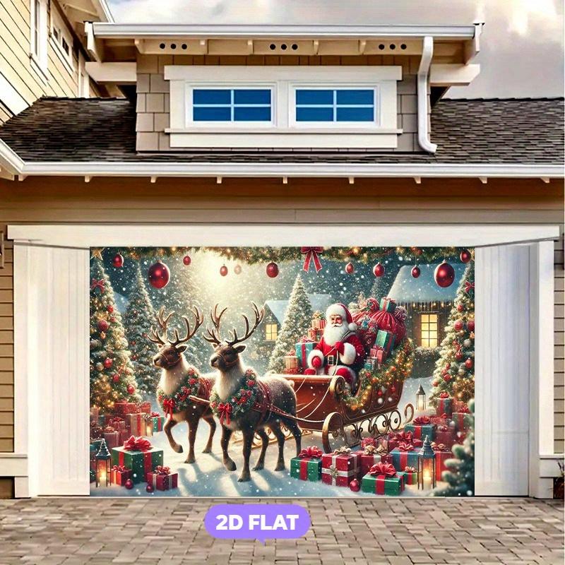 A 2D flat Christmas polyester background cloth featuring scenes of Santa Claus reindeer and snow village Christmas decorations