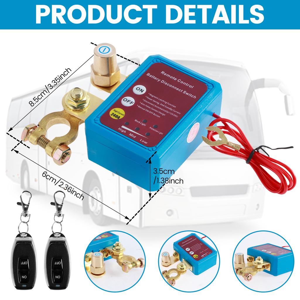Car Kill Switch 12V 240A Remote Battery Disconnect Switch Anti Theft Car Battery Cut Off Switch for Car RV ATV Boat Truck