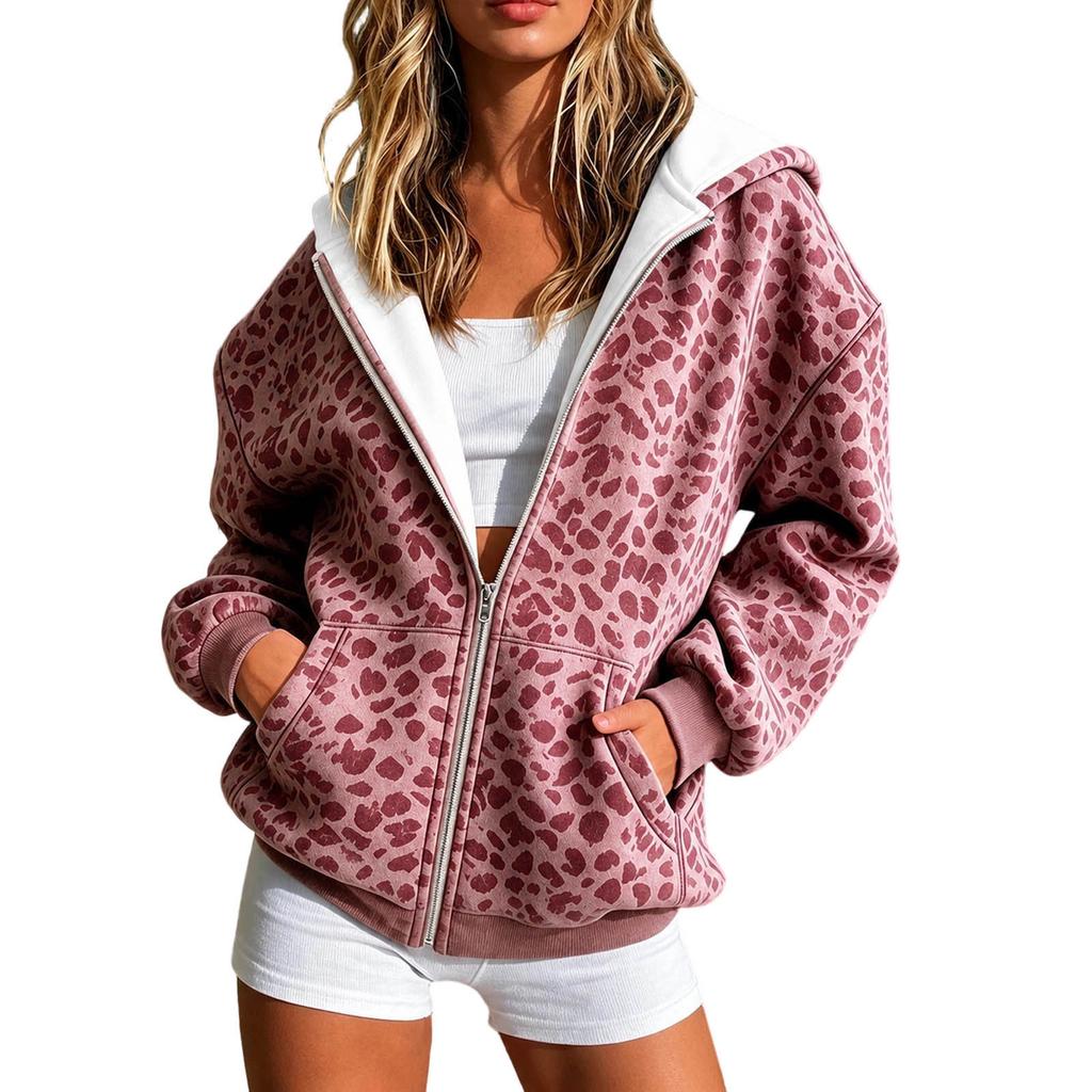 Women S Leopard Print Hooded Zip Sweatshirt Loose Casual Long Sleeve Cardigan