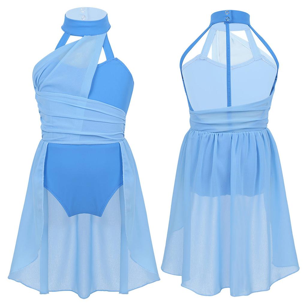 Детское гимнастическое танцевальное платье без рукавов для девочек, шифоновый лиф с рюшами, купальник, танцевальная одежда, костюм