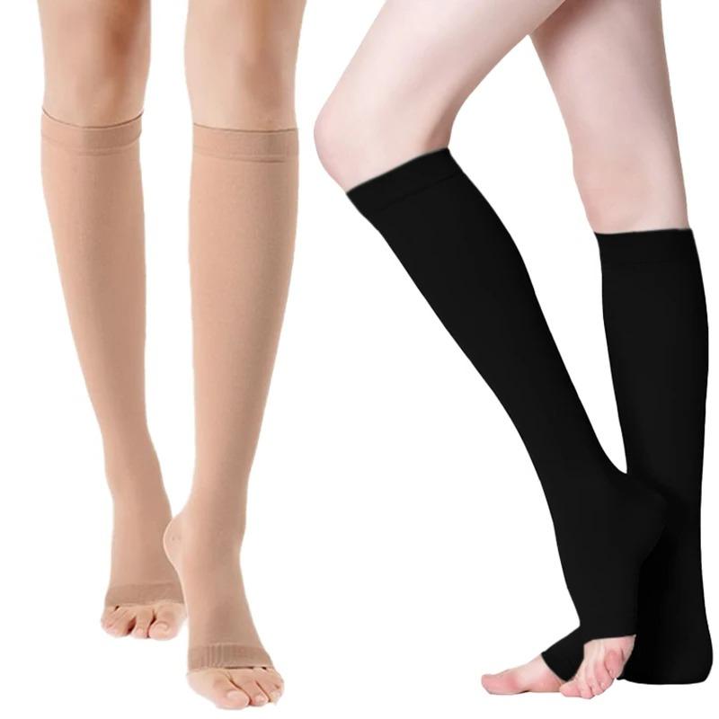 1 Pair Unisex Calf Compression Stockings Prevent Varicose Veins Shape Gradually with Pressure Elastic Open Toe Knee High Socks