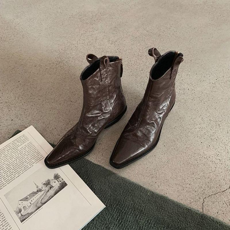 Autumn/winter Women Boots Genuine PU Leather Western Boots Woman Shoes Pointed Toe Chunky Heel Chelsea Retro Ankle Booties