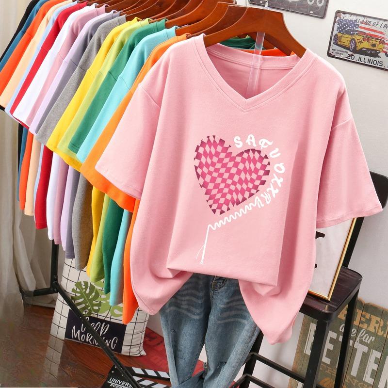 Футболка с коротким рукавом, Свободного кроя, Приталенный топ с V-образным вырезом с принтом для женщин