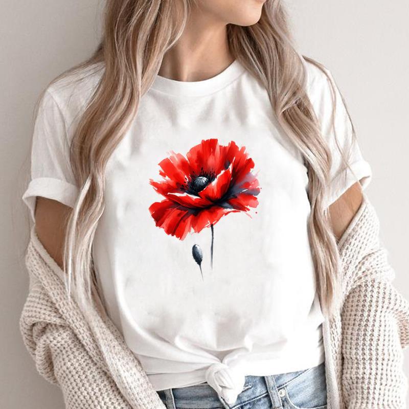 (Азиатский размер) T-shirt с графическим принтом леопардовых цветов для женщин, топ с круглым вырезом, модный принт, повседневные футболки с коротким рукавом