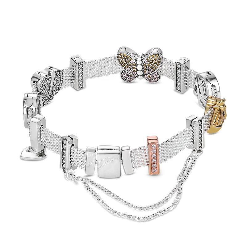 Reflection Bracelet Rose Gold Color 925 Starling Silver Steel Mesh Flat Bracelet Fit Temperament Charms Bead Fashion Women