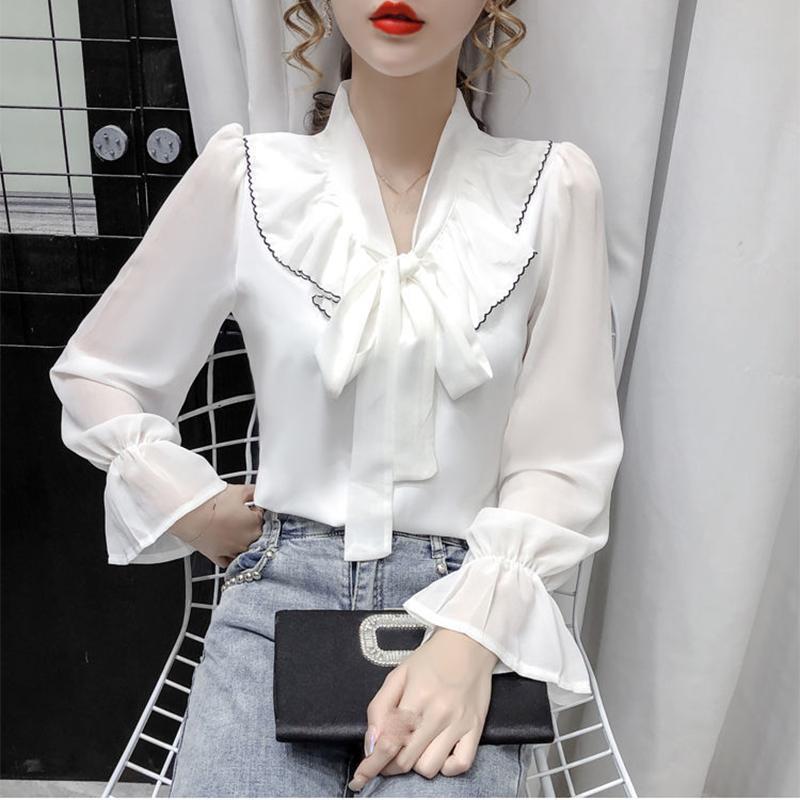 V-neck Chiffon Shirt Women's Long-sleeved Spring and Summer Tops Design Niche Lantern Sleeve Chiffon Shirt