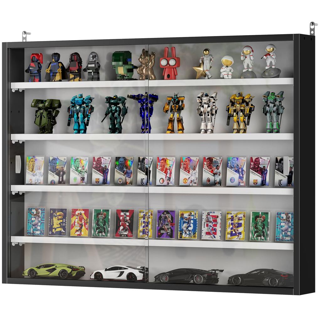 5-Tier Wall Display Shelf Unit Cabinet w/ 4 Adjustable Shelves Glass Doors Home Office Ornaments 60x80cm Black/White