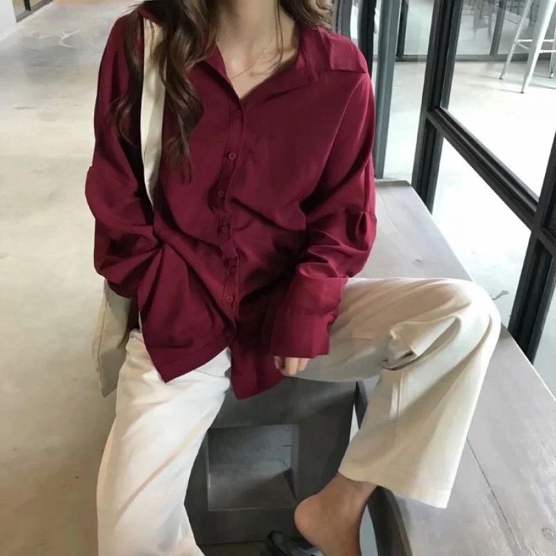 Black Shirts Women Oversized Vintage Chic Korean Fashion Long Sleeve Casual Blouse