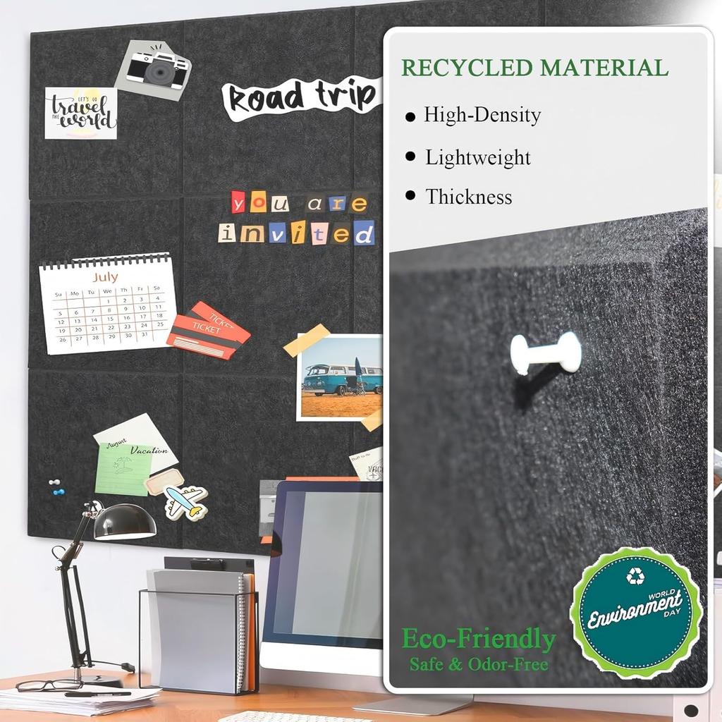 Большая пробка доска для стен 36" x 24", 6 упаковок войлочных настенных плиток, Черные доски объявлений с безопасными съемными клейкими полосками, Пробковые доски для офиса,