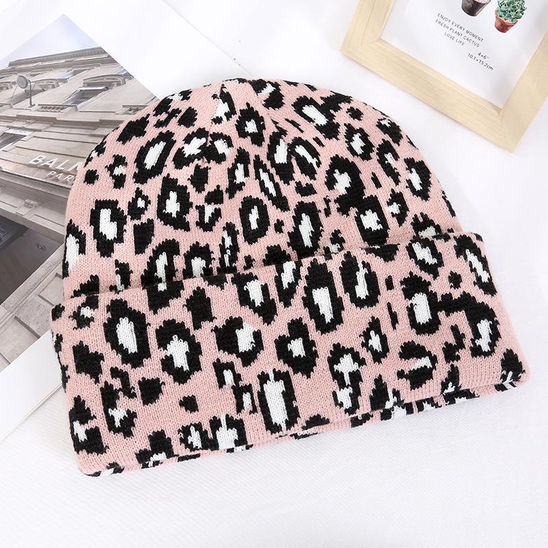 Leopard Print Light Body Knitted Hat for Winter Warmth Melon Skin Hat Wholesale Rolled Edge Dome Hood Internet Famous Hat