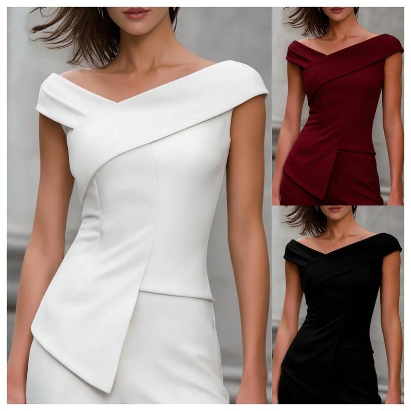 Women's Off Shoulder Top V Neck Asymmetrical Wrap Front Slim Fit Going Out Blouse