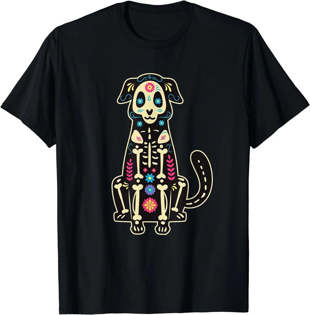 Dog Sugar Skull Dia De Los Muertos Perro Day of The Dead T-Shirt Casual Four Seasons Daily Graphic T Shirts Unisex Clothing