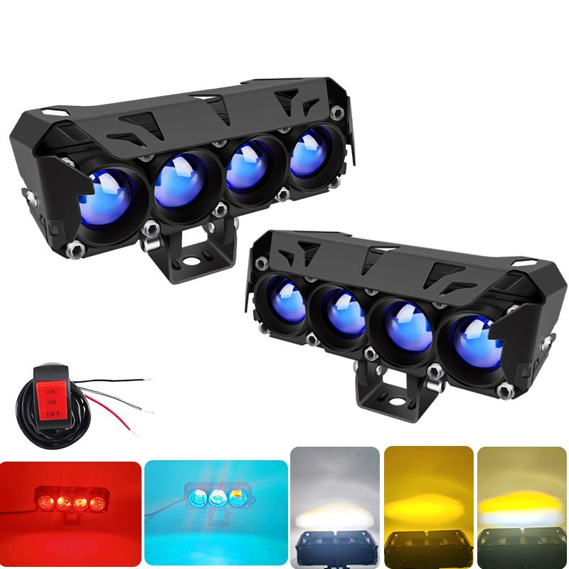 4 Led Motorcycle 5 Modes Strobe Headlights Blue Lens Spotlights High/Low Beams With Fan For Motorbike Scooter Car Trucks SUV Driving Fog Lamp 12V