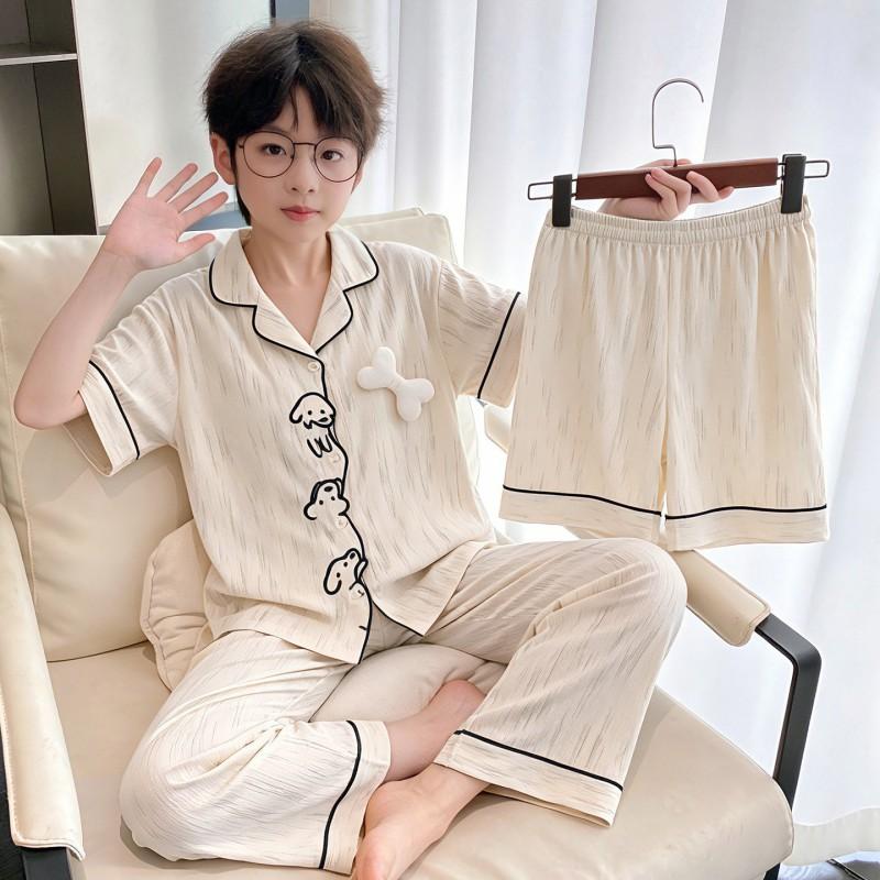 2026 Kids Cotton Pajama Set Short Sleeve Long Pants Cartoon Print Sleepwear Boys Aged 8