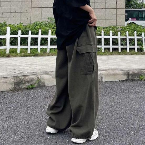 Men Pants with Multi Pockets Elastic Waist Wide Leg Oversized Vintage Cargo Pants Solid Color Streetwear Slacks for Outdoor Hiking Camping