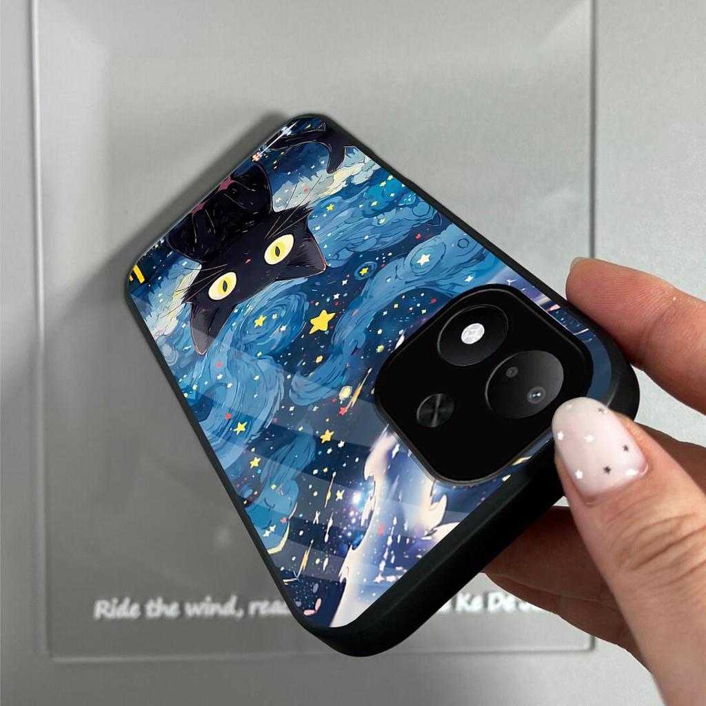 Чехол для Xiaomi Redmi Note 17 5G 4G Аниме Черная Кошка Звездное Облако Печать Чехол для Телефона Акриловый Жесткий Задний Корпус С Гибким TPU Краем