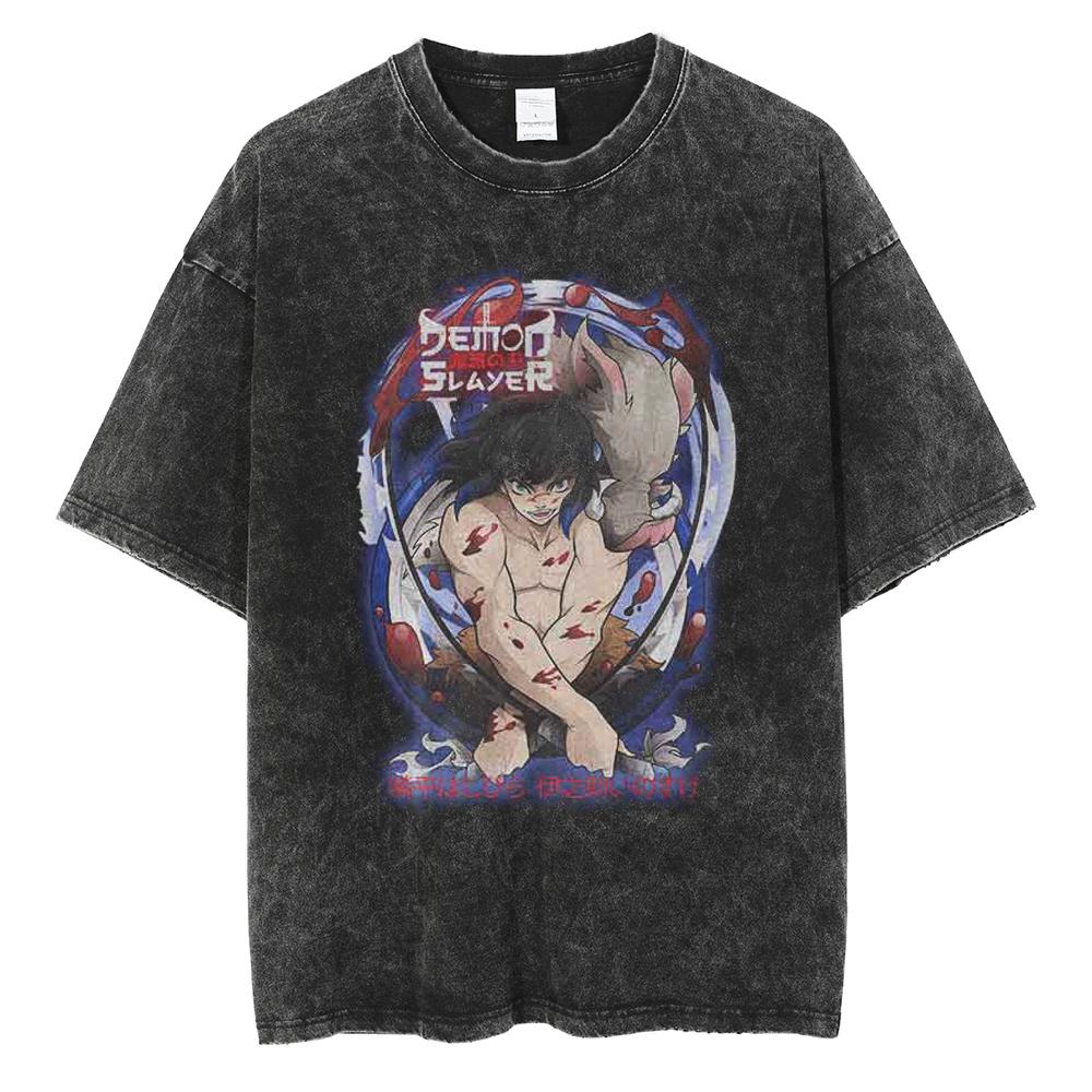 Hot Anime Demon Slayer Kokushibo Graphic Print Washed T Shirt Men Vintage Cotton Tshirts Manga Casual Tee Harajuku Male T-shirt