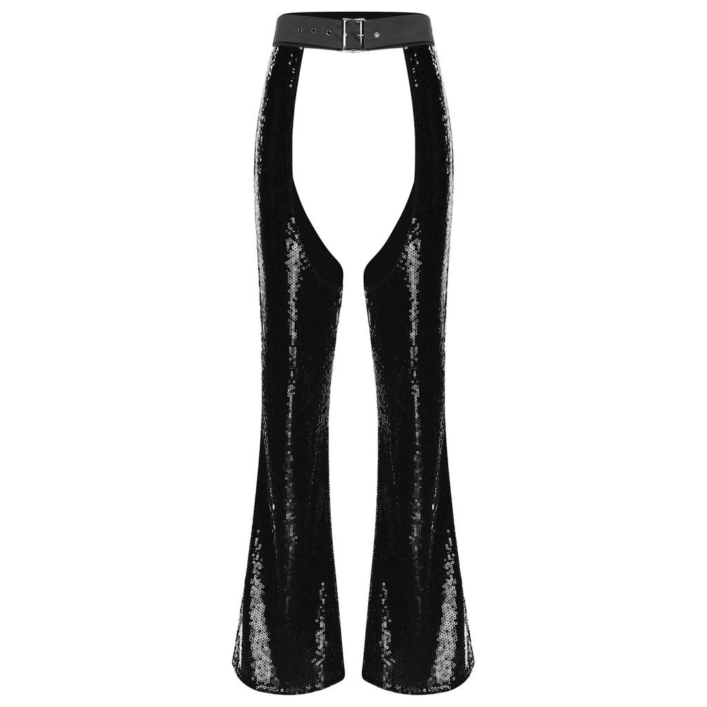 Womens Halloween Glitter Sequin Cowgirl Chaps Adjustable Waist Crotch Hollow Out Fully Lined Flared Pants