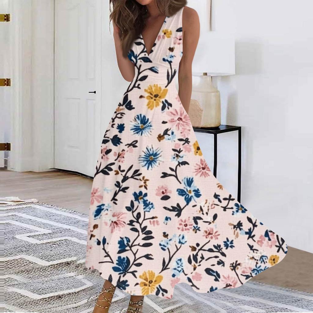 Женские модные повседневные свободные платья с V-образным вырезом без рукавов с принтом