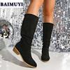 Pointed Toe Mid Heels Women Shoes Mid-calf Boots 2025 Trend Fashion Casual Pleated High Boots New Suede Goth Pumps Mujer Botas