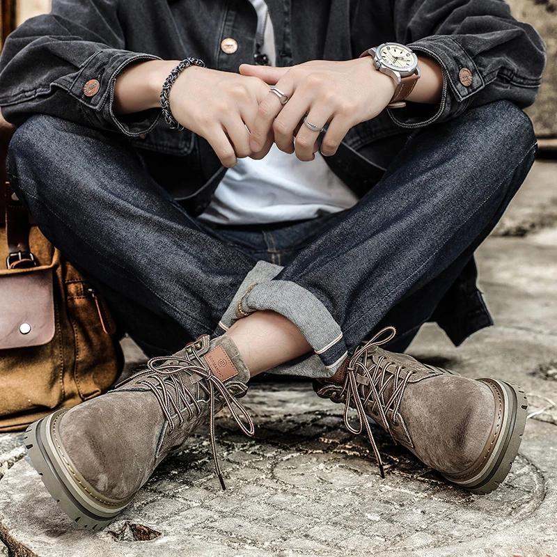 Fashion New Street Style Male Sneakers High Top Suede Leather Boots Fashion Motorcycle Ankle Boots for Men Lace-Up Leisure Walk Footwear