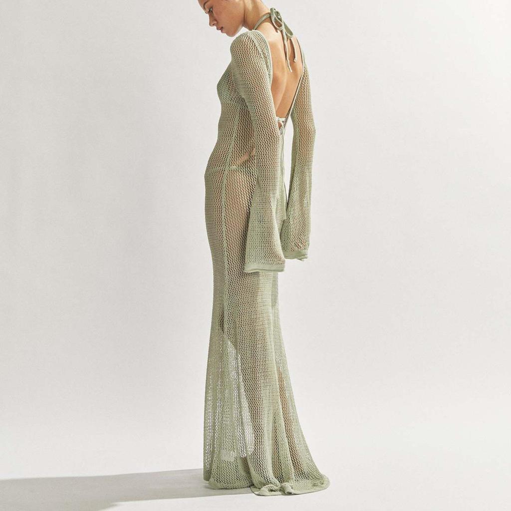 Women Long Sleeve Crochet Knit Sexy Backless Cut Out Elegant Summer Beach Holiday Maxi Dress