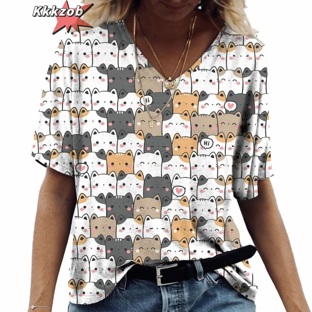 Футболка женская с принтом аниме-кота 2024 года, модная одежда в стиле Харадзюку, футболки большого размера с коротким рукавом и V-образным вырезом, женская повседневная уличная блузка