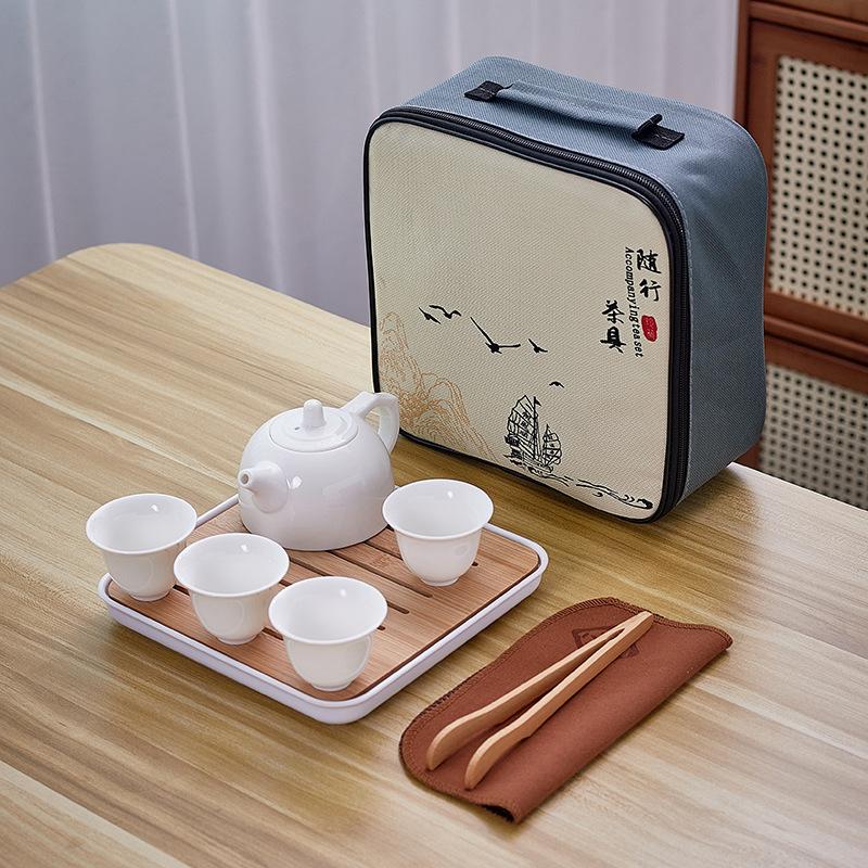 Дэхский белофарфоровый чайный сервиз, практичная керамическая чашка с крышкой, один чайник, четыре чашки, хранение на открытом воздухе, дорожная удобная сумка, бизнес-сувениры
