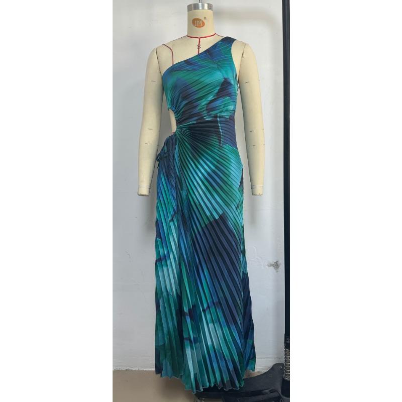 Women's Sexy Slant Shoulder Sleeveless One-shoulder Printed Pleated Dress