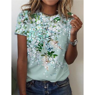 Летняя новая модная женская футболка с коротким рукавом и цветочным принтом, с круглым вырезом, большого размера
