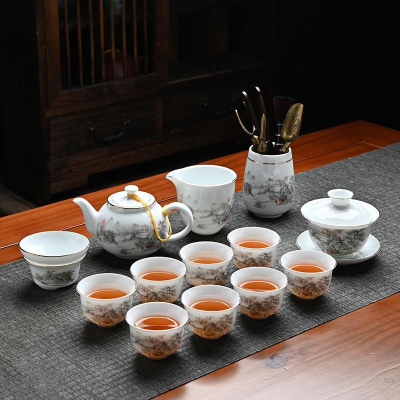 Thin tire tea set, sweet white cover bowl, Dehua suet jade Han white porcelain kung fu tea simple blue line tea ceremony accessories