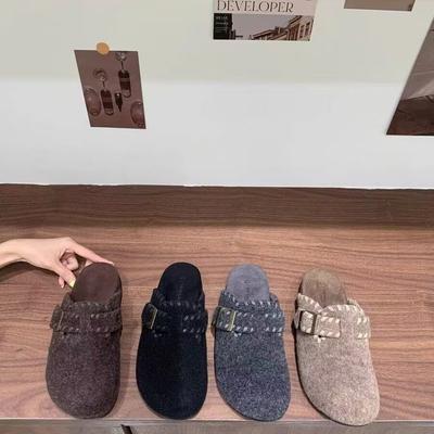 Ретро корейская версия шерстяные туфли Birkenstock сумка голова полушлепанцы женская верхняя одежда 2025 осень и зима новые толстоподошвенные бархатные хлопковые шлепанцы