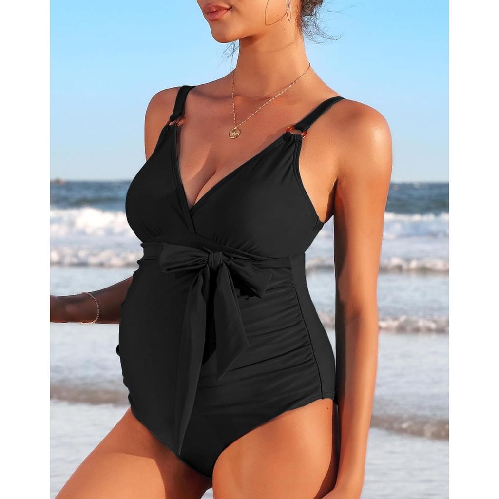 CHARMLEAKS Купальник для беременных Цельный купальный костюм с V-образным вырезом для беременных с завязками спереди и рюшами Купальники