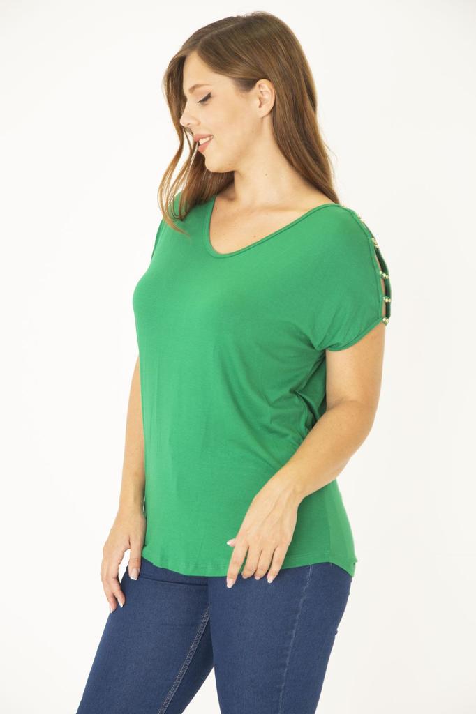 Женская блузка большого размера, вискозная туника большого размера с зелеными плечами и декольте, украшенная жемчугом