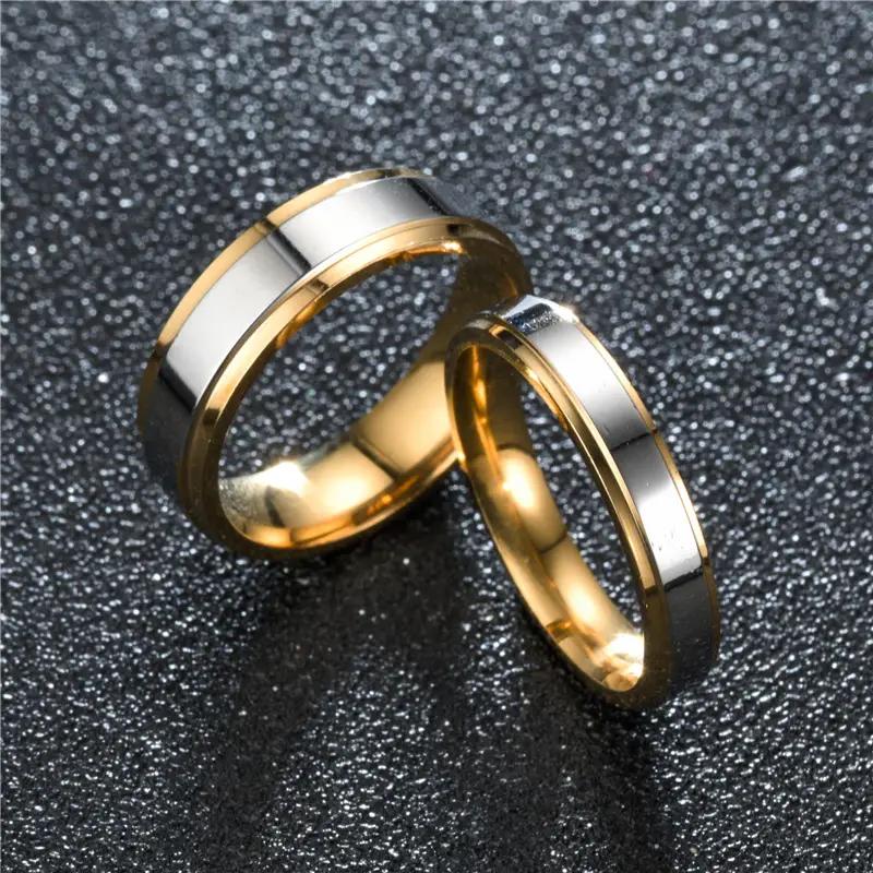 1pc Fashion New High-end Double Step Mirrored Intermediate Golden Stainless Steel Ring For Couples