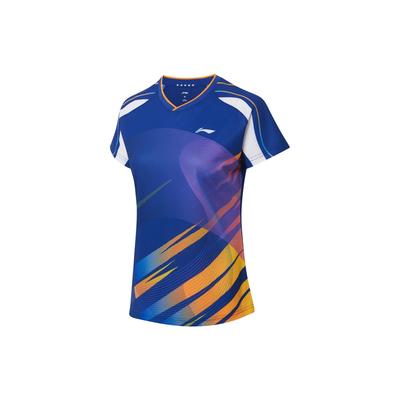 Футболка Li Ning Ping Pong Series с полосатым логотипом, быстросохнущая, с V-образным вырезом и коротким рукавом, женские топы, синяя AAYS238-1