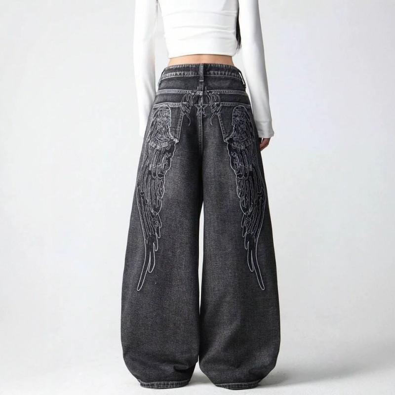 Unisex Wide Leg Denim Pants With Wing Print Vintage Streetwear High Waist Loose Fit Jeans