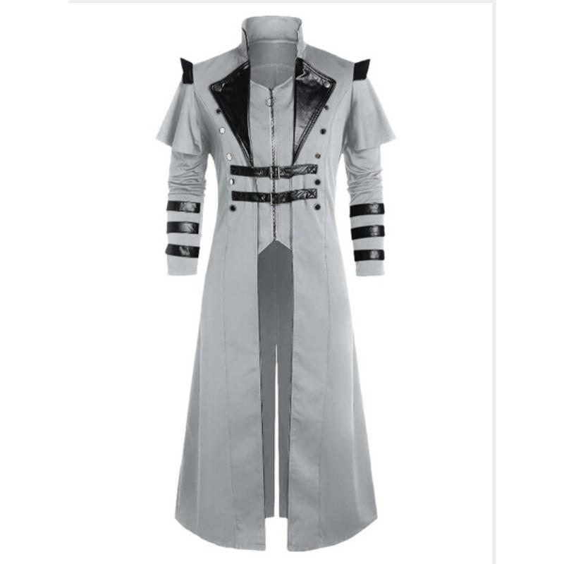 Винтаж Хэллоуин Средневековый стимпанк Убийца Эльфы Пиратский костюм для взрослых Мужская черная длинная куртка с разрезом Готическая броня Кожаные пальто