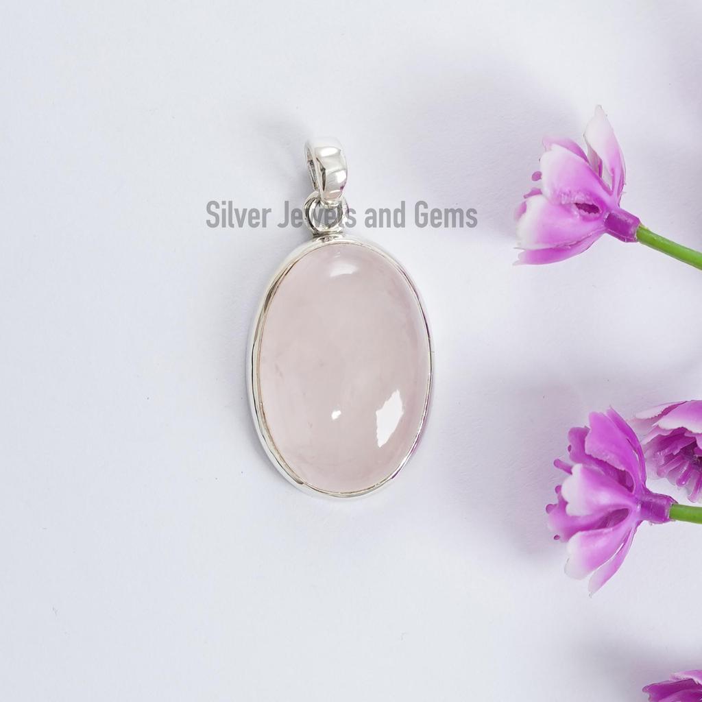 925 Sterling Silver Rose Quartz Pendant, Oval Pink Gemstone, Capricorn Birthstone