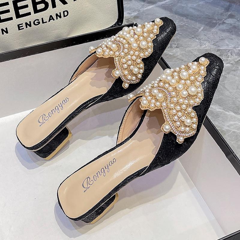 Роскошные мюли с жемчужными украшениями, элегантные женские босоножки с острым носком, кружевные босоножки, шикарные вечерние туфли на плоской подошве с нитками и бусинами
