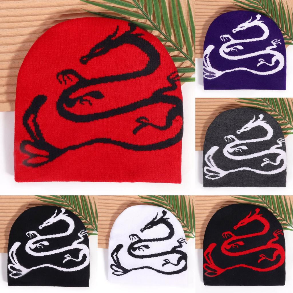 Street Style Knitted Cap With Dragon Animal Pattern For Cold Seasons