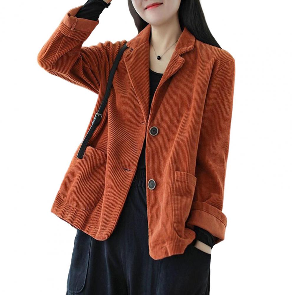 Corduroy Suit Coat Women Autumn Retro Loose Fit Single-Breasted Suit Jacket Lapel Long Sleeve Solid Color Business Coat with Poc