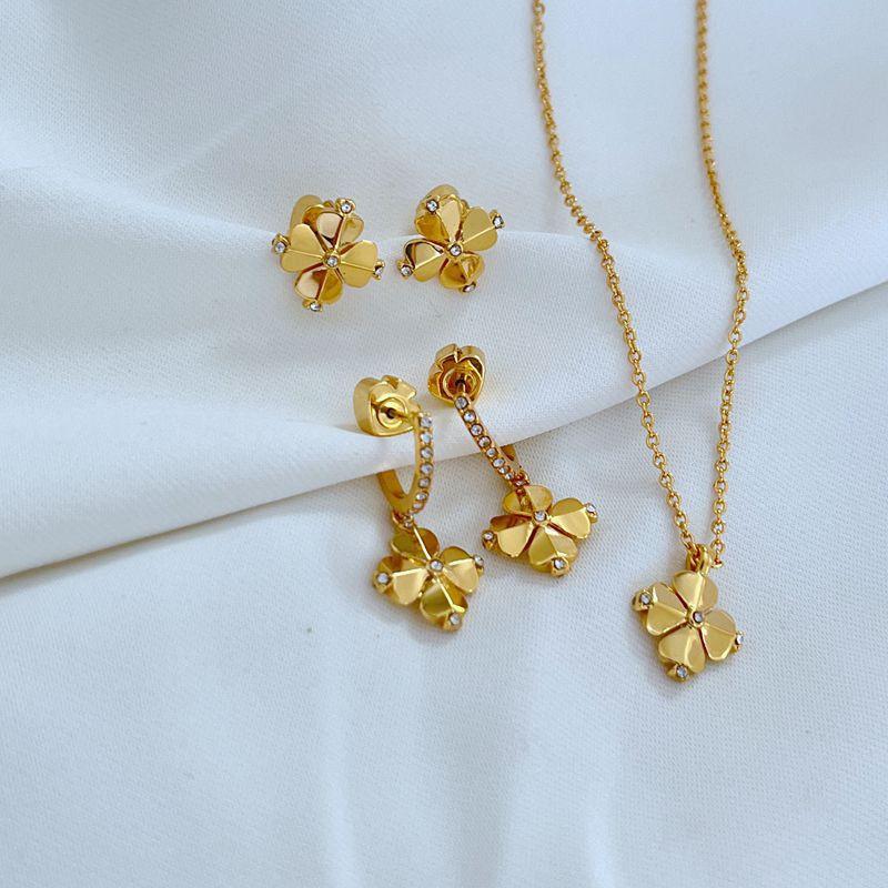 Minimalist Gold-Toned Clover Stud Earrings Necklace Set Women Copper Base With Electroplating Office Chic Jewelry