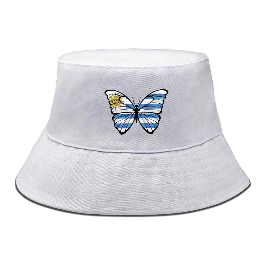 Butterfly Flag of Uruguay Print Bucket Hat , Patriotic Fisherman Hat Fashion Foldable Polyester Basin Cap