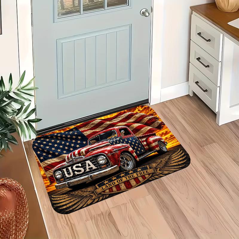 1pc, 2D Flat Printing, Retro American Pickup Patriotic Theme Indoor Mat, Non-Slip Machine Washable Easy to Clean Polyester Carpet, Suitable for Home A