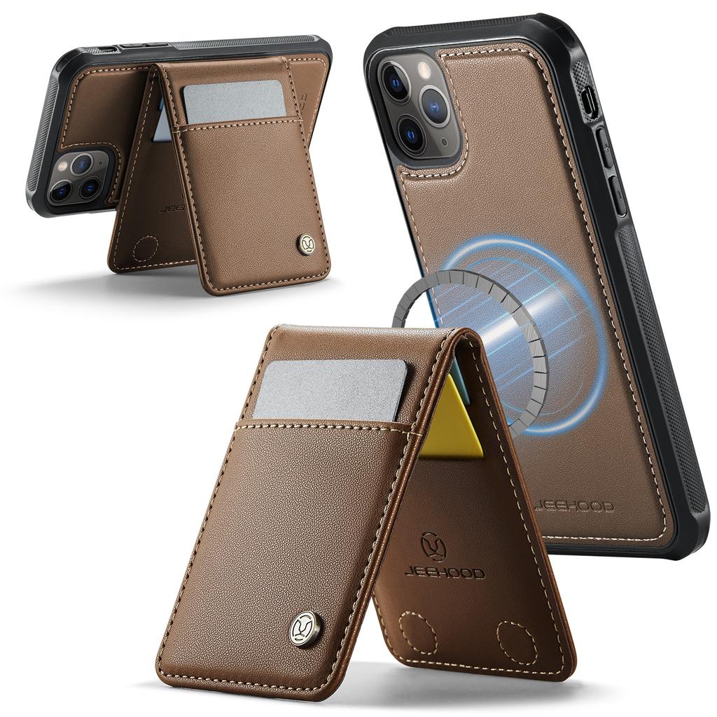 For iPhone 11 Pro Leather Back Cover Compatible with MagSafe JEEHOOD J06 Phone Case with Card Bag RFID Blocking