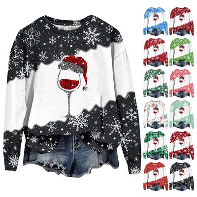 Женская мода рождественский принт длинный рукав свободный круглый вырез толстовка топ осень
