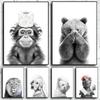Funny Canvas Poster Cat Giraffe Dog Elephant Toilet Paper Bathtub Funny Bathroom Poster Wall Art Shower Room Home Decoration