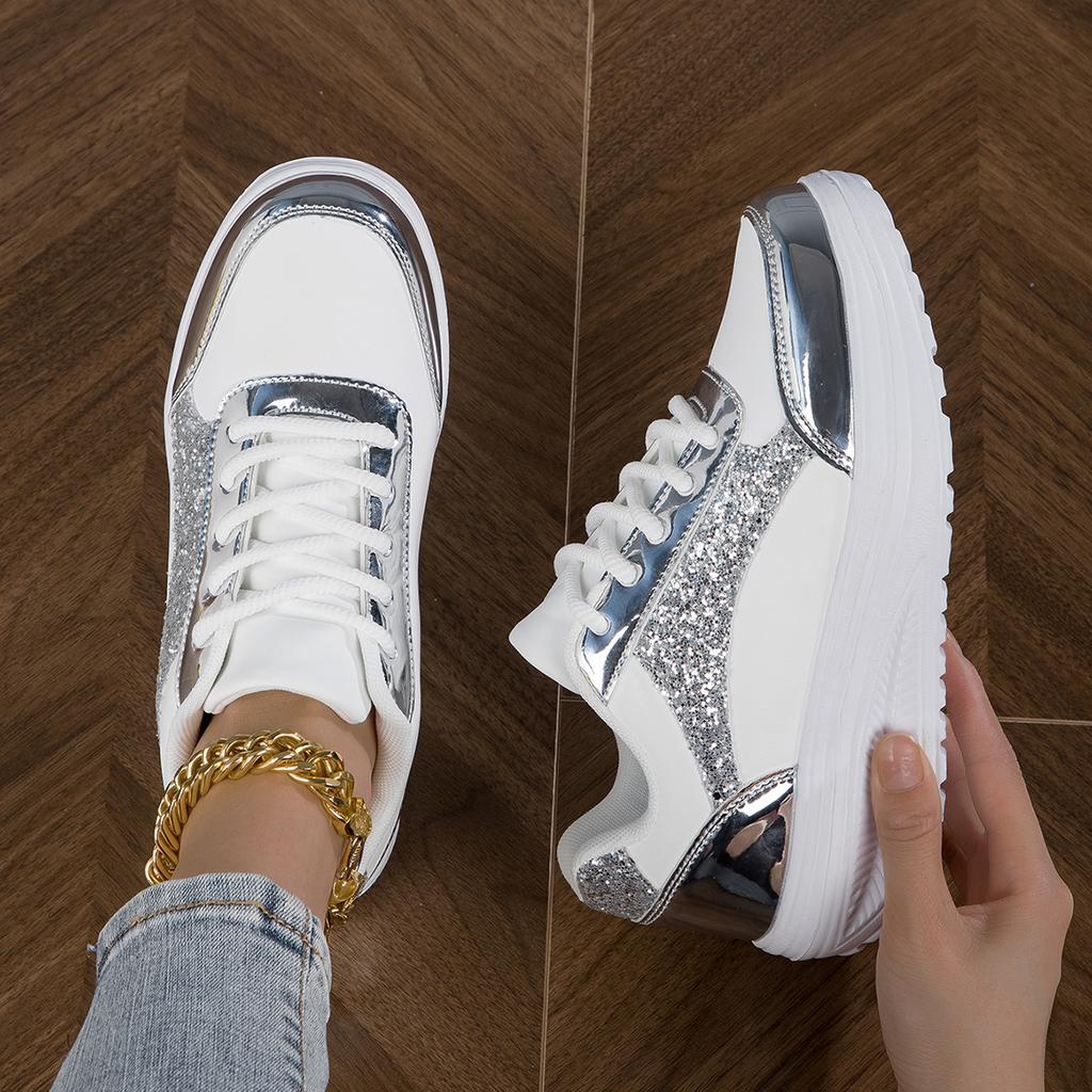 TUINANLE Casual Platform Shoes for Women Silver Glitter Sequin Chunky Sneakers Girls Elevated Thick Soled Shoes