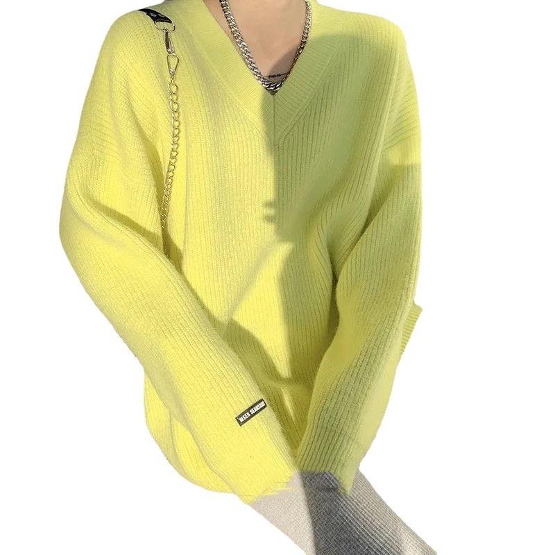 Свободный однотонный цветной лейбл в длинной секции свитер осень и зима V-образный вырез толстый иглой длинный рукав трикотажный свитер для женщин